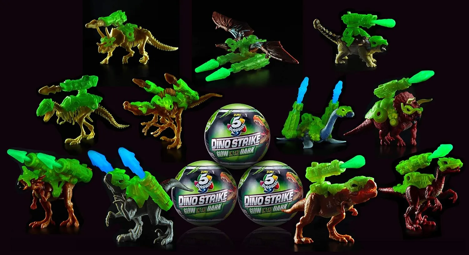 5 Surprise Dino Strike Surprise Mystery Battling Collectible Dinos by ZURU (2 Pack) Glow in The Dark,Gold