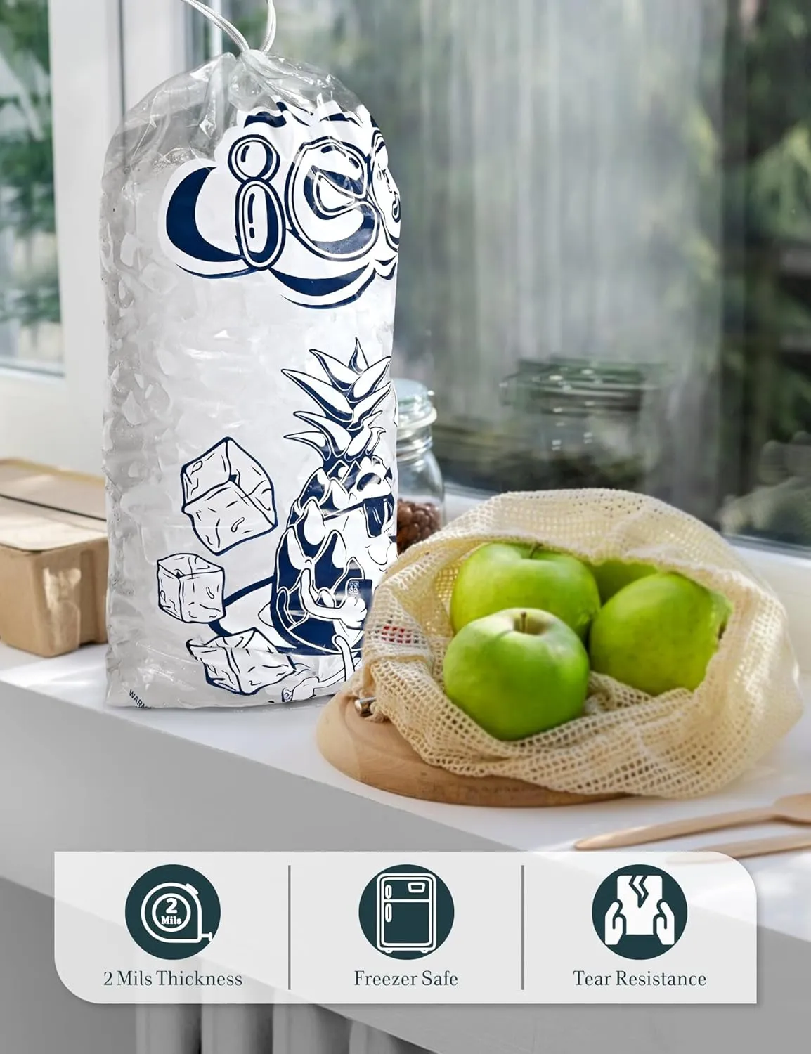 50 Pack Ice Bags 08 lb with Drawstring, Heavy-Duty Ice Bags for Ice Machine(2 Mils Thickness)