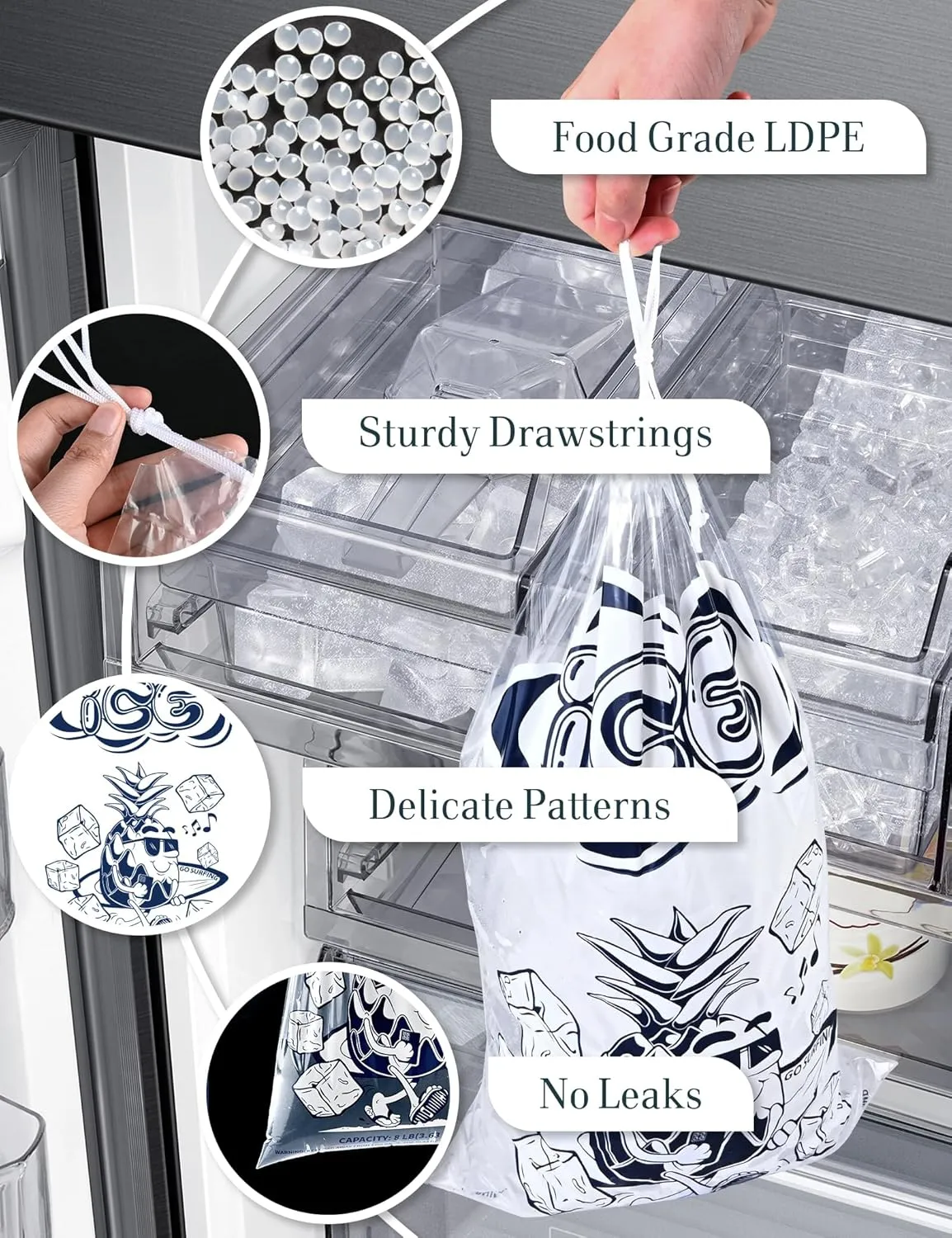 50 Pack Ice Bags 08 lb with Drawstring, Heavy-Duty Ice Bags for Ice Machine(2 Mils Thickness)