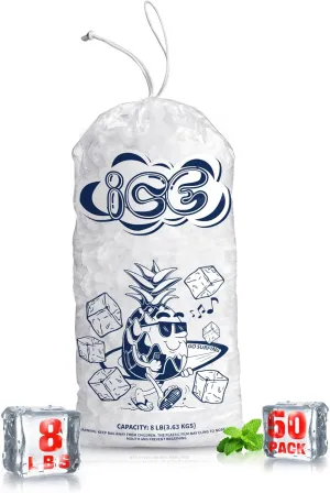 50 Pack Ice Bags 08 lb with Drawstring, Heavy-Duty Ice Bags for Ice Machine(2 Mils Thickness)
