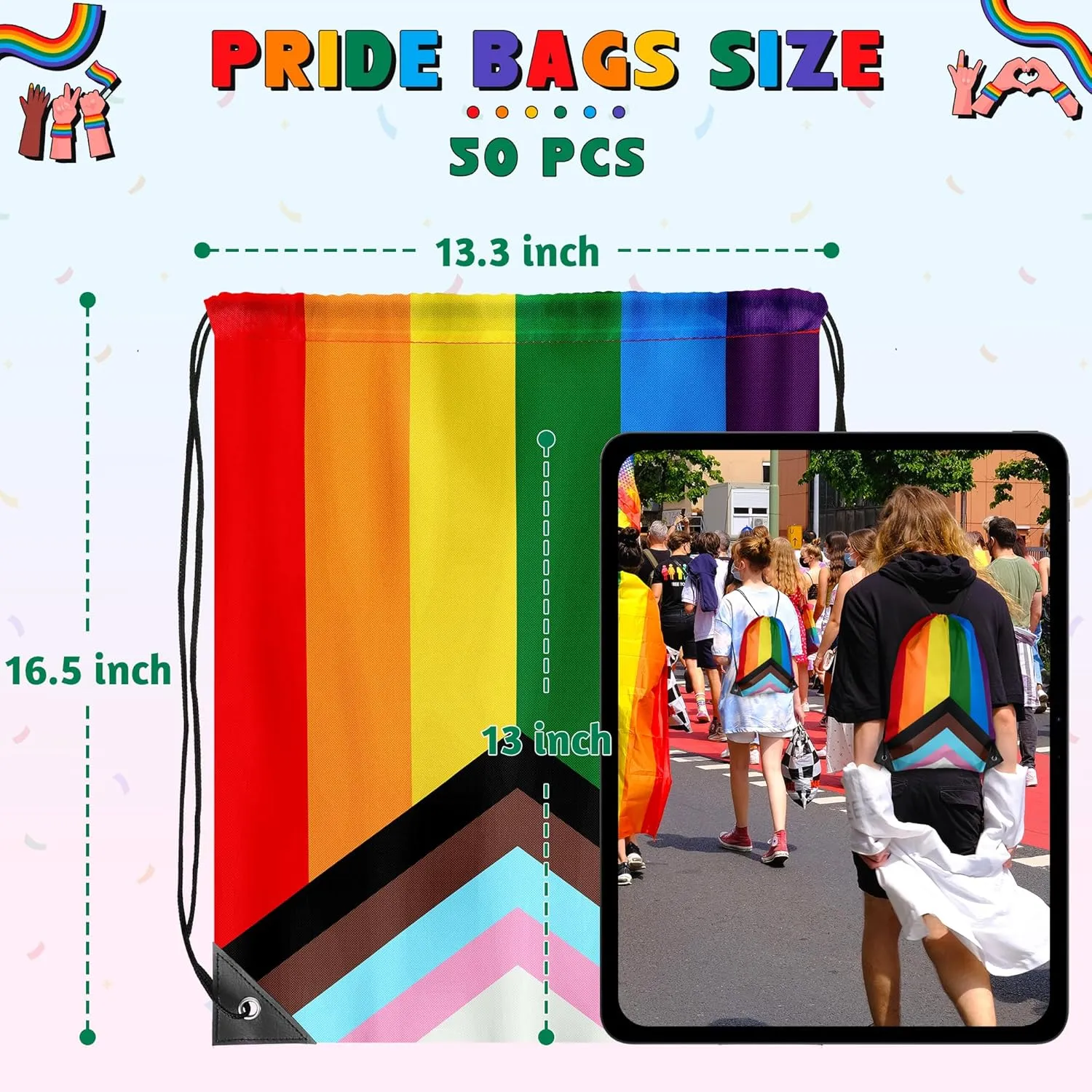 50 Pack LGBTQ  Pride Gay String Bags, Polyester Pride Accessories for Pride Month, Eleven-Color Stripes Progress Rainbow Backpack, Adjustable PU Buckle Pride Bags for Lesbian Gift Gay Stuff