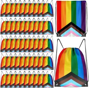 50 Pack LGBTQ  Pride Gay String Bags, Polyester Pride Accessories for Pride Month, Eleven-Color Stripes Progress Rainbow Backpack, Adjustable PU Buckle Pride Bags for Lesbian Gift Gay Stuff