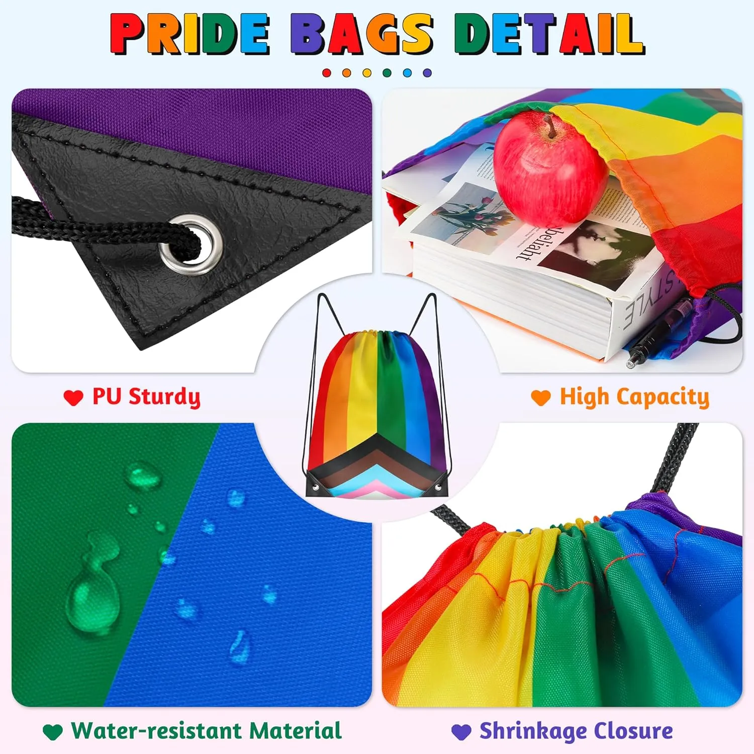 50 Pack LGBTQ  Pride Gay String Bags, Polyester Pride Accessories for Pride Month, Eleven-Color Stripes Progress Rainbow Backpack, Adjustable PU Buckle Pride Bags for Lesbian Gift Gay Stuff