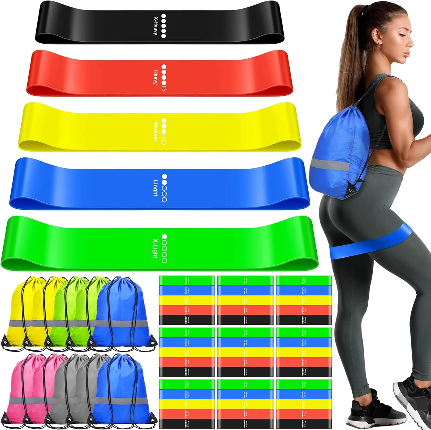 60 Pcs Workout Loop Resistance Bands Bulk, Gym Elastic Bands Set for Fitness Sport Class Students Members Gift Physical, 5 Pieces Each Set, with Large Drawstring Backpack Bags