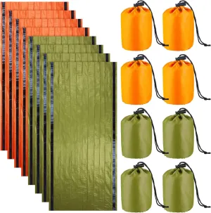 8 Pack Emergency Sleeping Bag Lightweight Thermal Survival Sleeping Bag Waterproof Emergency Blankets Portable Bivy Sack Survival Gear for Outdoor Camping Hiking Adventure, Green and Orange