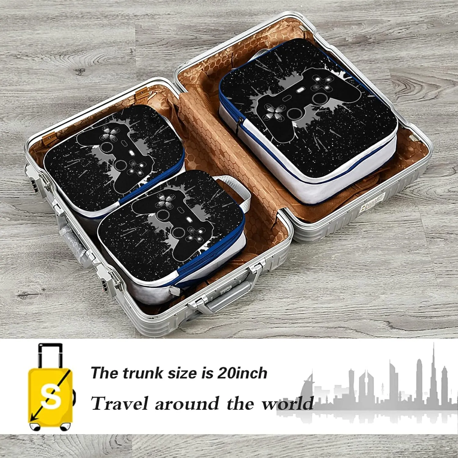 A Game Joystick and Splashes on a Black Galaxy Space on Black 3 Set Packing Cubes, Waterproof Check Oxford cloth Organizers, Travel Packing Toiletry Storage Bag