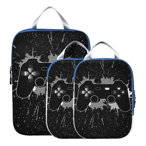A Game Joystick and Splashes on a Black Galaxy Space on Black 3 Set Packing Cubes, Waterproof Check Oxford cloth Organizers, Travel Packing Toiletry Storage Bag