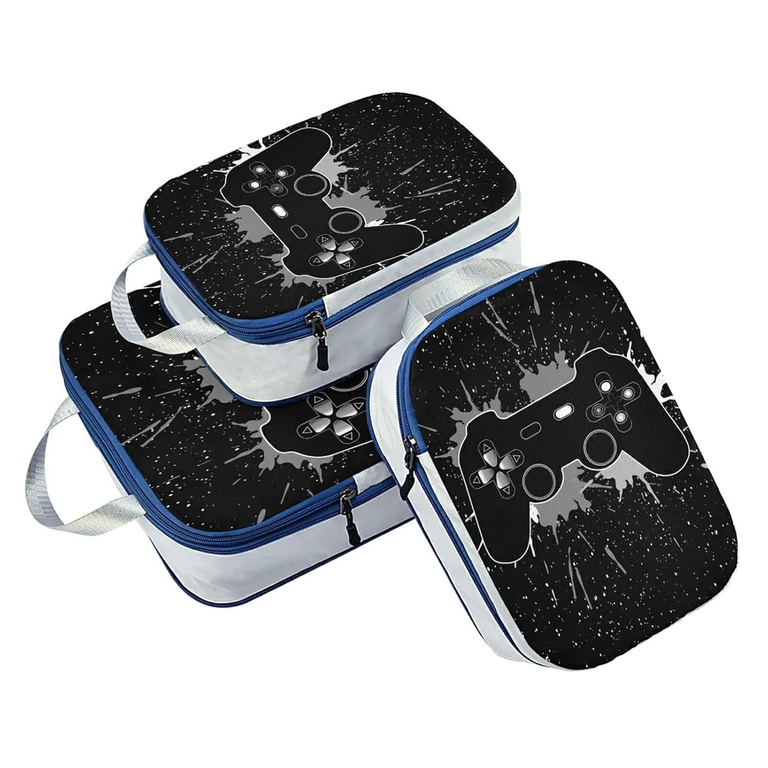 A Game Joystick and Splashes on a Black Galaxy Space on Black 3 Set Packing Cubes, Waterproof Check Oxford cloth Organizers, Travel Packing Toiletry Storage Bag