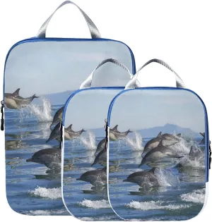 A Group of Dolphins with Long Beaks Jumped out of the Water 3 Set Packing Cubes, Waterproof Check Oxford cloth Organizers, Travel Packing Toiletry Storage Bag
