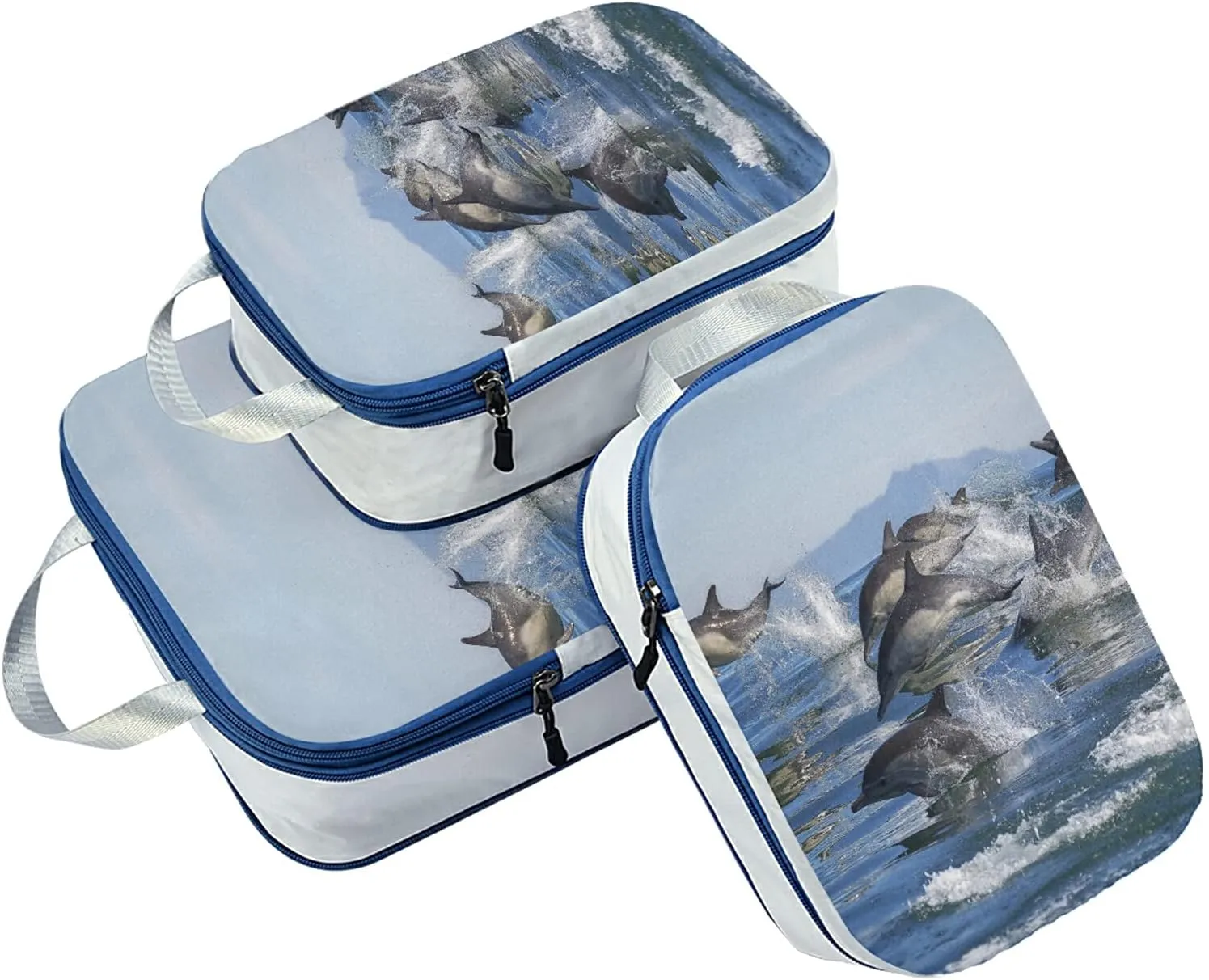 A Group of Dolphins with Long Beaks Jumped out of the Water 3 Set Packing Cubes, Waterproof Check Oxford cloth Organizers, Travel Packing Toiletry Storage Bag