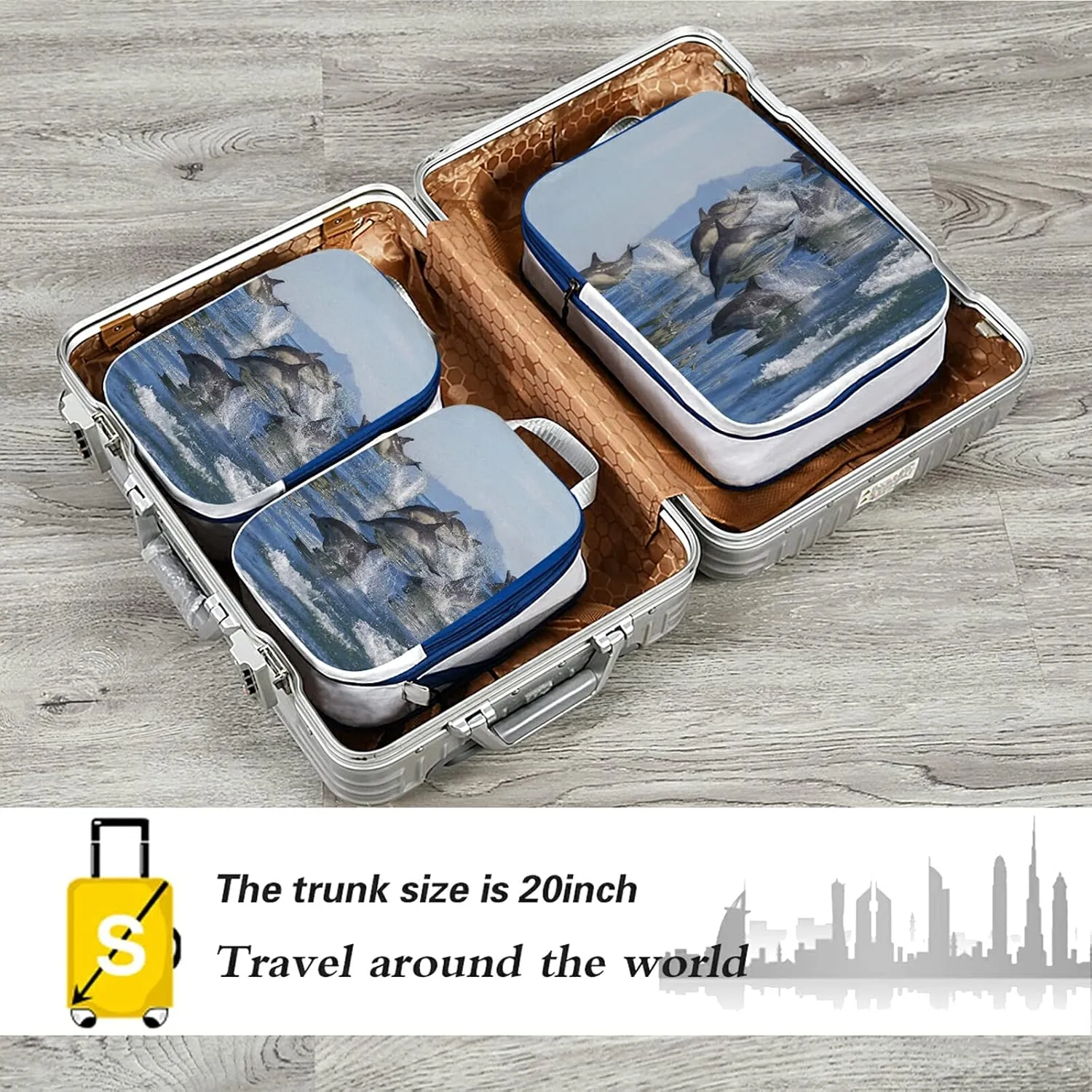 A Group of Dolphins with Long Beaks Jumped out of the Water 3 Set Packing Cubes, Waterproof Check Oxford cloth Organizers, Travel Packing Toiletry Storage Bag