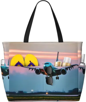 Airplane In The Evening Lights Print Stylish Beach Tote Bag,Large Capacity Handbag,Perfect For Women'S Vacation And Daily Use