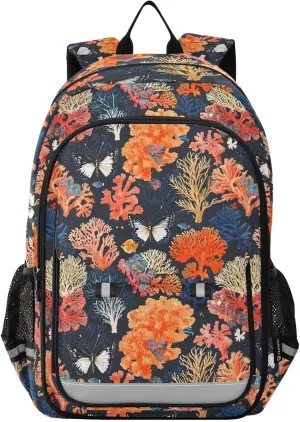 AIXIWAWA Kid's Travel Backpacks Coral Butterfly Print for Boys Girls，Large Capacity Student School Bag with Breathable Mesh Reflective Strip for Age 6 Above