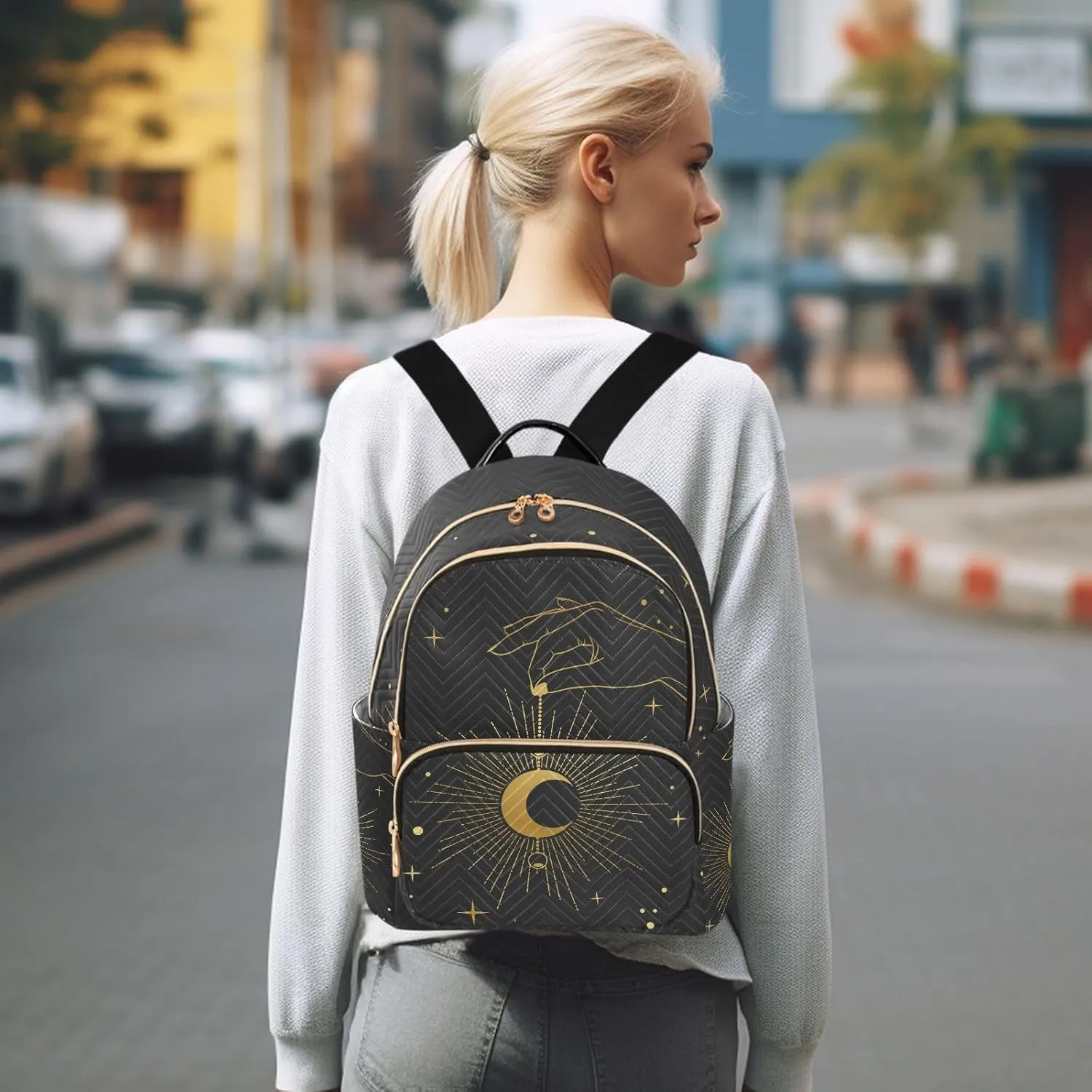 ALAZA Crescent Moon Star Boho Bohemian Small Backpack Purse for Women Travel Bag Fashion Daypack Back Pack Shoulder Bag
