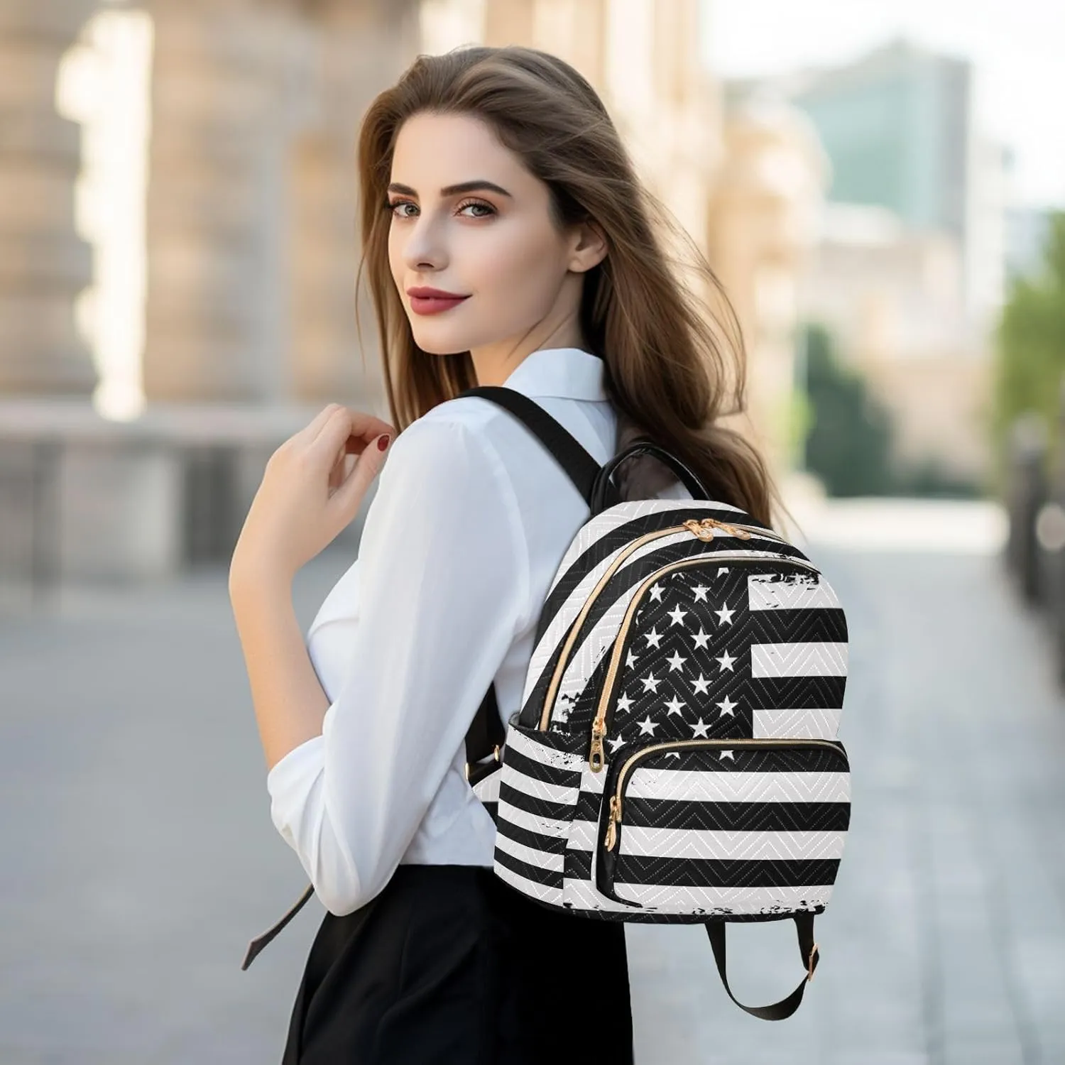 ALAZA Grunge Usa American Flag White & Black Small Backpack Purse for Women Travel Bag Fashion Daypack Back Pack Shoulder Bag