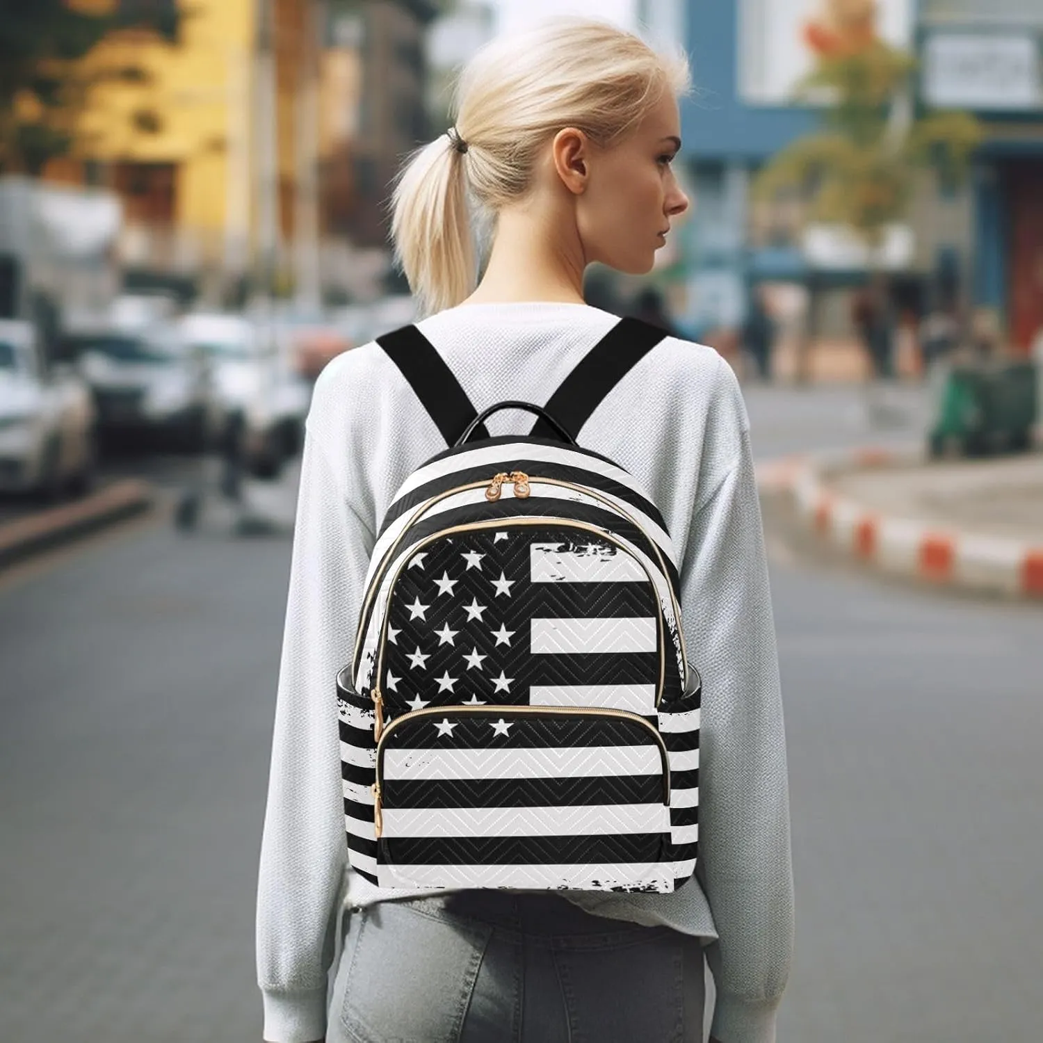 ALAZA Grunge Usa American Flag White & Black Small Backpack Purse for Women Travel Bag Fashion Daypack Back Pack Shoulder Bag