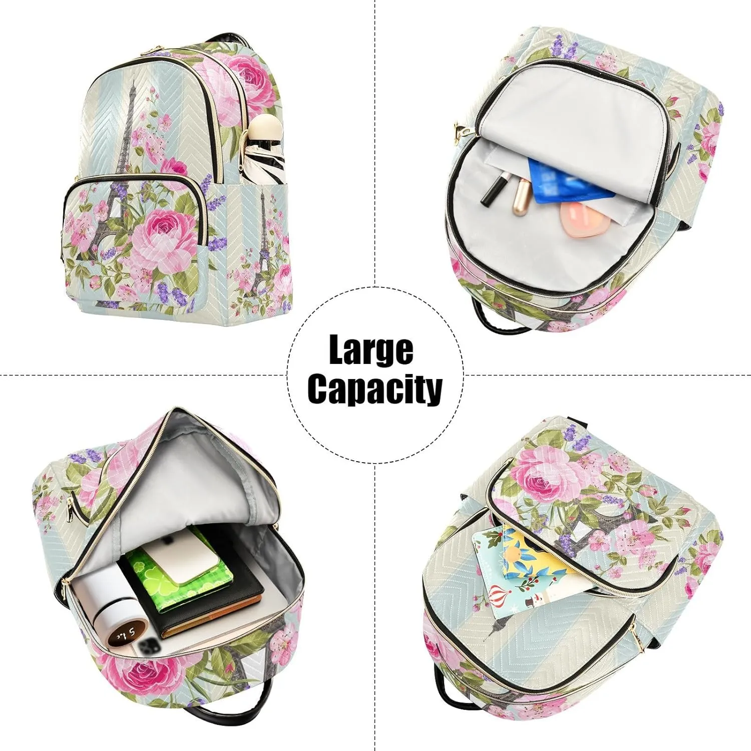 ALAZA Paris Eiffel Tower Floral Flowers Small Backpack Purse for Women Travel Bag Fashion Daypack Back Pack Shoulder Bag