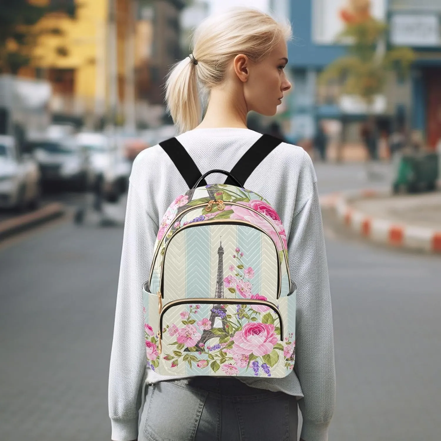 ALAZA Paris Eiffel Tower Floral Flowers Small Backpack Purse for Women Travel Bag Fashion Daypack Back Pack Shoulder Bag
