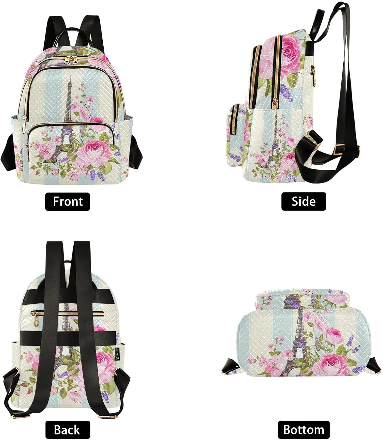 ALAZA Paris Eiffel Tower Floral Flowers Small Backpack Purse for Women Travel Bag Fashion Daypack Back Pack Shoulder Bag