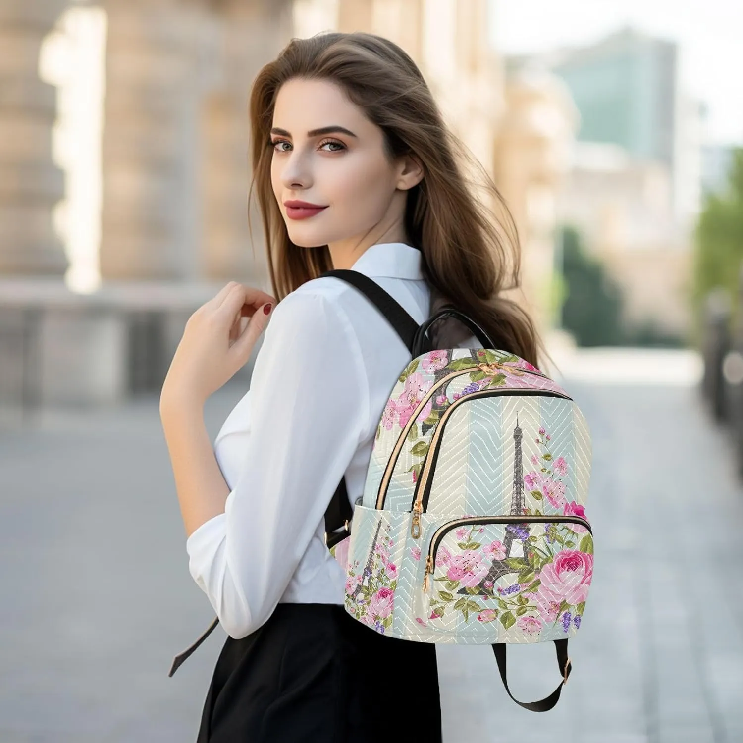 ALAZA Paris Eiffel Tower Floral Flowers Small Backpack Purse for Women Travel Bag Fashion Daypack Back Pack Shoulder Bag