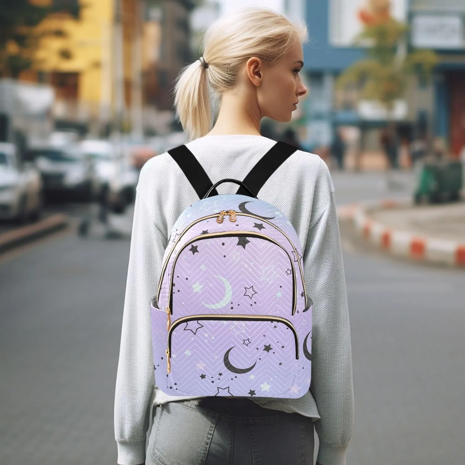 ALAZA Stars Crescent Moon Gradient Mini Backpack Purse for Women Travel Bag Fashion Daypack Back Pack Shoulder Bag