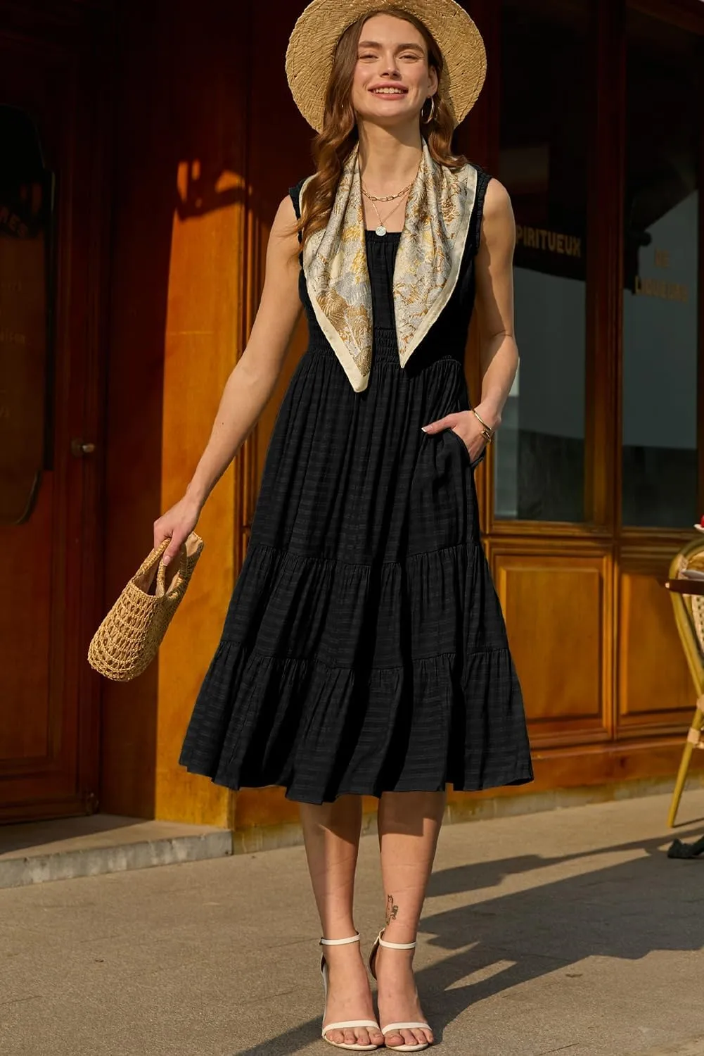 AlvaQ Women Summer Dresses Sleeveless Smocked Midi Dress High Waist Casual Tiered A Line Sundress with Pockets