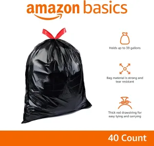 Amazon Basics Lawn & Leaf Drawstring Trash Bags, Unscented, 39 Gallon, 40 Count, Pack of 2