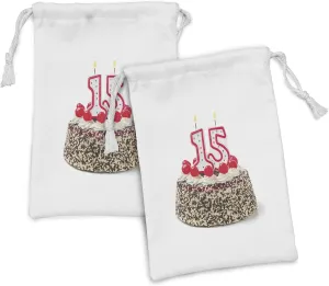 Ambesonne 15th Birthday Fabric Pouch Set of 2, Chocolate Cherry Tasty Cake with Number Candles Surpise Party Theme Image, Small Drawstring Bag for Toiletries Masks and Favors, 9" x 6", Multicolor
