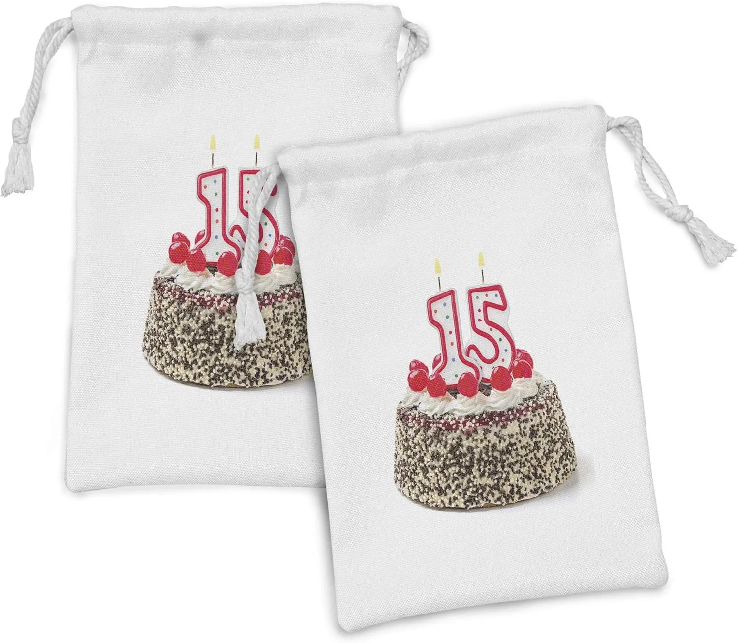 Ambesonne 15th Birthday Fabric Pouch Set of 2, Chocolate Cherry Tasty Cake with Number Candles Surpise Party Theme Image, Small Drawstring Bag for Toiletries Masks and Favors, 9" x 6", Multicolor