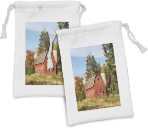 Ambesonne Abandoned Fabric Pouch Set of 2, Old Barn with Silo Surrounded by Trees with Colorful Fall Foliage Rural Wisconsin, Small Drawstring Bag for Toiletries Masks and Favors, 9" x 6", Multicolor