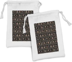 Ambesonne Aboriginal Fabric Pouch Set of 2, Abstract Round Motifs with Dots and Waves on Dark Backdrop, Small Drawstring Bag for Toiletries Masks and Favors, 9" x 6", Charcoal Grey Orange