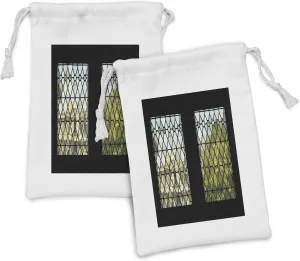 Ambesonne Architecture Fabric Pouch Set of 2, Scene of a View Through Windows Landmark Town Hall Monument in the City, Small Drawstring Bag for Toiletries Masks and Favors, 9" x 6", Multicolor