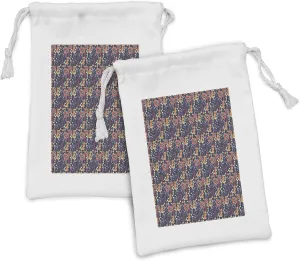 Ambesonne Botanical Fabric Pouch Set of 2, Colorful Exotic Jungle Night Interpretation, Small Drawstring Bag for Toiletries Masks and Favors, 9" x 6", Quartz Salmon