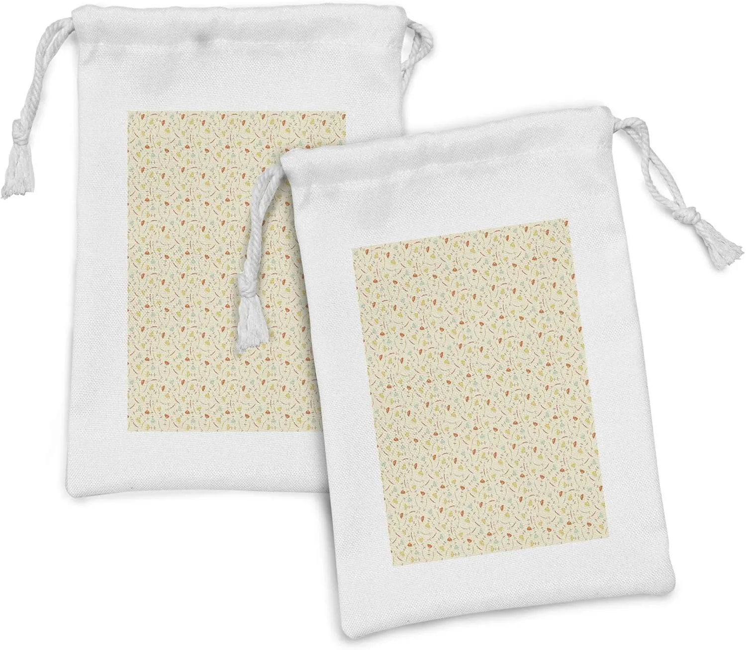 Ambesonne Botanical Fabric Pouch Set of 2, Pattern of Burgeoning Botanical Flowers, Small Drawstring Bag for Toiletries Masks and Favors, 9" x 6", Eggshell Multicolor