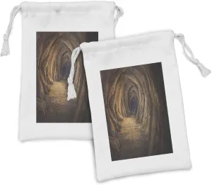 Ambesonne Cave Fabric Pouch Set of 2, Geologic Cave Formation in Painting Style Subterranean Tunnel Fantasy Themed View, Small Drawstring Bag for Toiletries Masks and Favors, 9" x 6", Pale Brown