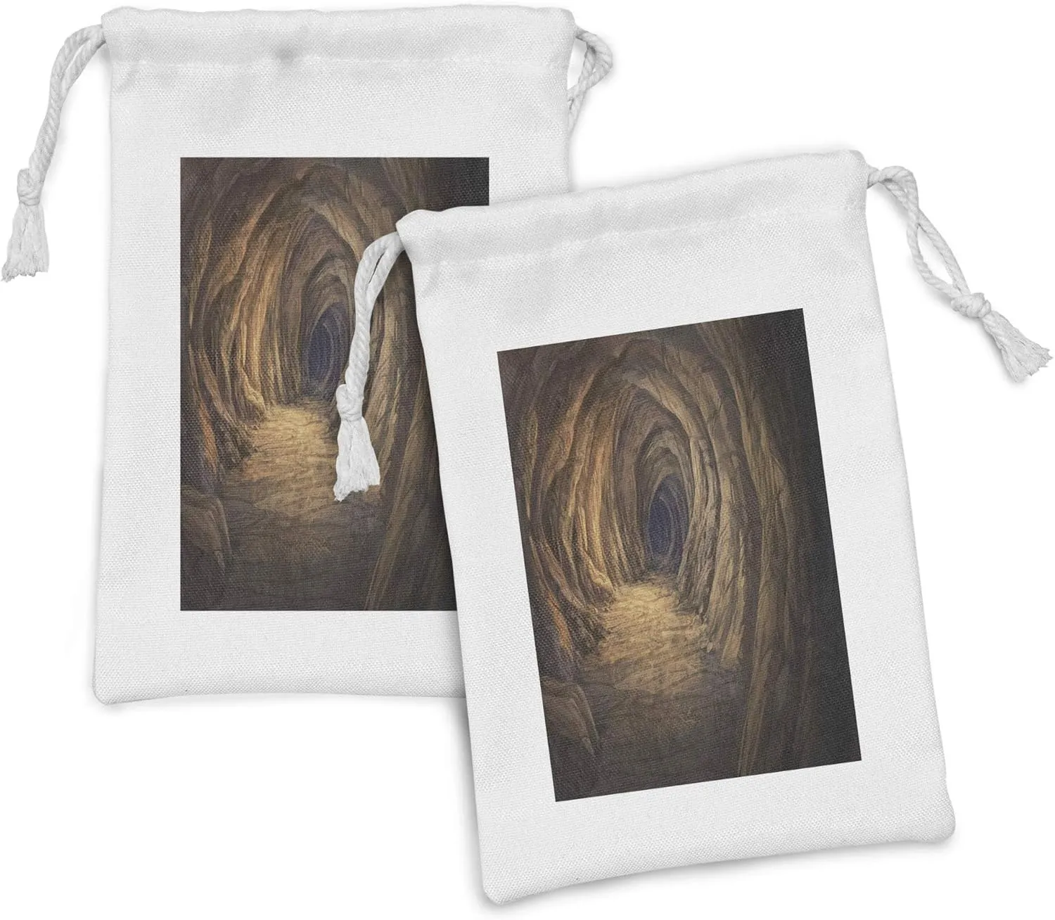 Ambesonne Cave Fabric Pouch Set of 2, Geologic Cave Formation in Painting Style Subterranean Tunnel Fantasy Themed View, Small Drawstring Bag for Toiletries Masks and Favors, 9" x 6", Pale Brown
