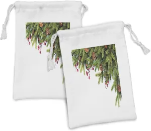 Ambesonne Christmas Fabric Pouch Set of 2, Evergreen Fir Tree Branches with Cones Yule Celebration Holly Culture Design, Small Drawstring Bag for Toiletries Masks and Favors, 9" x 6", Green Brown