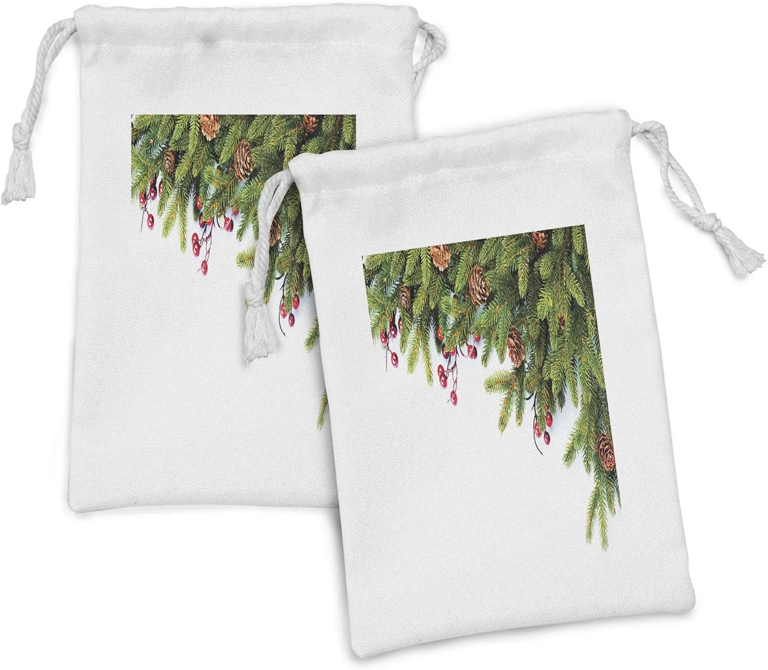 Ambesonne Christmas Fabric Pouch Set of 2, Evergreen Fir Tree Branches with Cones Yule Celebration Holly Culture Design, Small Drawstring Bag for Toiletries Masks and Favors, 9" x 6", Green Brown
