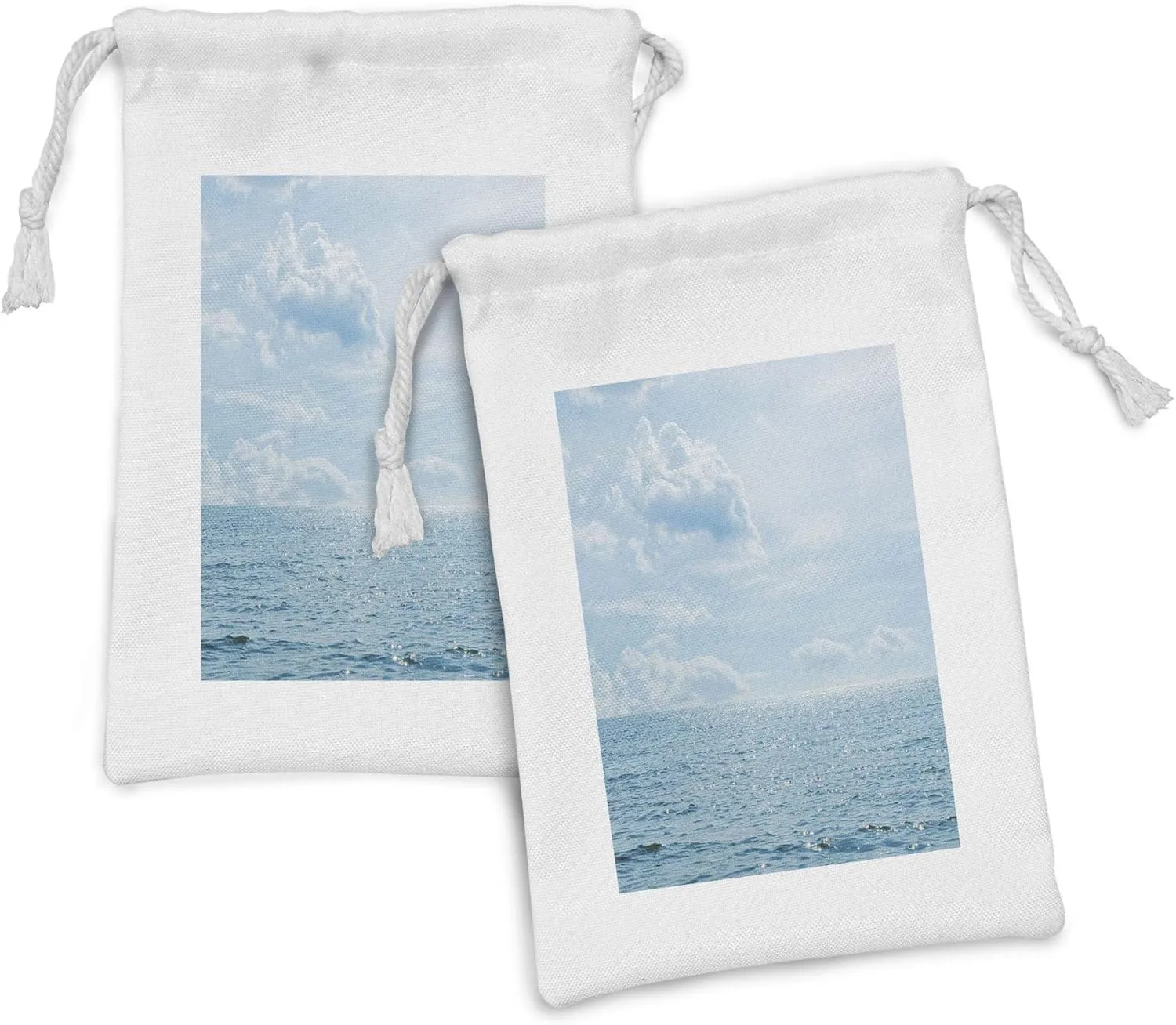 Ambesonne Clouds Fabric Pouch Set of 2, Sea and Sky Combined Mixed Each Other Vivid Life Inspiration Hope Nobody Relax Image, Small Drawstring Bag for Toiletries Masks and Favors, 9" x 6", Pale Blue