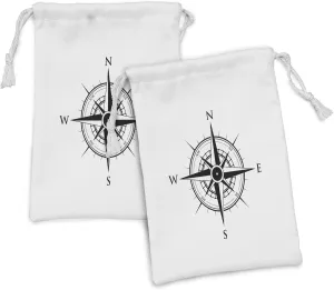 Ambesonne Compass Fabric Pouch Set of 2, Prehistoric Navigation Technology on the Sea Discovery of the World Travel Voyage, Small Drawstring Bag for Toiletries Masks and Favors, 9" x 6", Black White