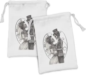 Ambesonne Day of the Dead Fabric Pouch Set of 2, Love Skull Skeleton Marriage Eternal Love Theme Spanish Art, Small Drawstring Bag for Toiletries Masks and Favors, 9" x 6", Dimgrey and White