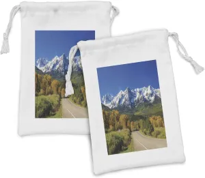 Ambesonne Evergreen Fabric Pouch Set of 2, Countryside Landscape Scene of Snow Capped Mountains and Path into the Woods, Small Drawstring Bag for Toiletries Masks and Favors, 9" x 6", Multicolor