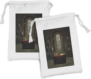 Ambesonne Gothic Fabric Pouch Set of 2, Fantasy Theme Spell Casting Warlock Witch Skulls on Shelves Candles Spooky Scenery, Small Drawstring Bag for Toiletries Masks and Favors, 9" x 6", Red Brown