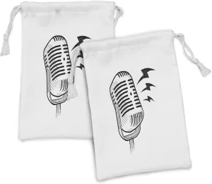 Ambesonne Hipster Fabric Pouch Set of 2, Retro Microphone Communication and Media Concept Radio Show Speech Talk Podcast, Small Drawstring Bag for Toiletries Masks and Favors, 9" x 6", Black White