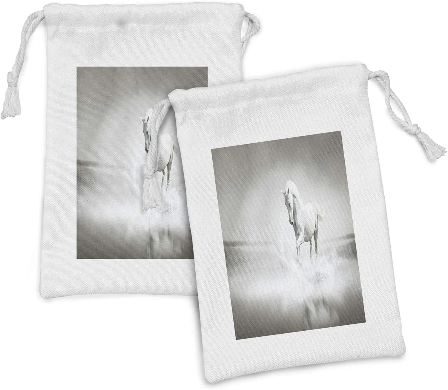Ambesonne Horses Fabric Pouch Set of 2, Wild Horse Running Through Water Dramatic for the Motivation of Life Art, Small Drawstring Bag for Toiletries Masks and Favors, 9" x 6", Black and White