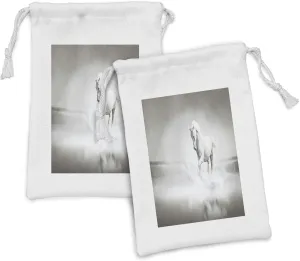 Ambesonne Horses Fabric Pouch Set of 2, Wild Horse Running Through Water Dramatic for the Motivation of Life Art, Small Drawstring Bag for Toiletries Masks and Favors, 9" x 6", Black and White