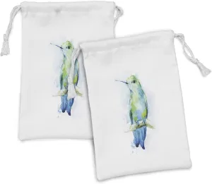 Ambesonne Hummingbird Fabric Pouch Set of 2, Watercolor Drawn Calibri Thin Beak Bird Animal Perching on Tree Artwork, Small Drawstring Bag for Toiletries Masks and Favors, 9" x 6", White Multicolor