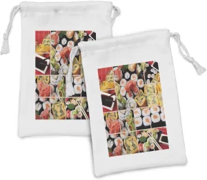 Ambesonne Japanese Fabric Pouch Set of 2, Cuisine Sushi Fish Raw Meat Rolls South East Fast Food Ceremony Artwork, Small Drawstring Bag for Toiletries Masks and Favors, 9" x 6", Multicolor