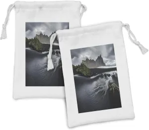 Ambesonne Landscape Fabric Pouch Set of 2, Photo of Black Sand Beach in Southern Iceland Long Exposure Shot Scenic Outdoors, Small Drawstring Bag for Toiletries Masks and Favors, 9" x 6", Multicolor
