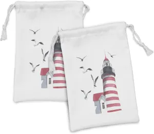 Ambesonne Lighthouse Fabric Pouch Set of 2, Lighthouse and Seagulls on the Beach Navigational Aid Seaside Waterways Art, Small Drawstring Bag for Toiletries Masks and Favors, 9" x 6", Red Grey White